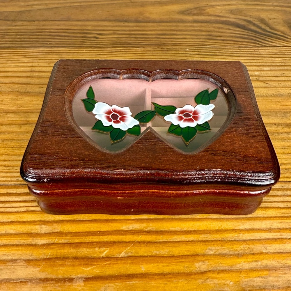 Vintage Wooden Jewelry Box | Heart Window Lid with Floral Inlay - Picture 13 of 13